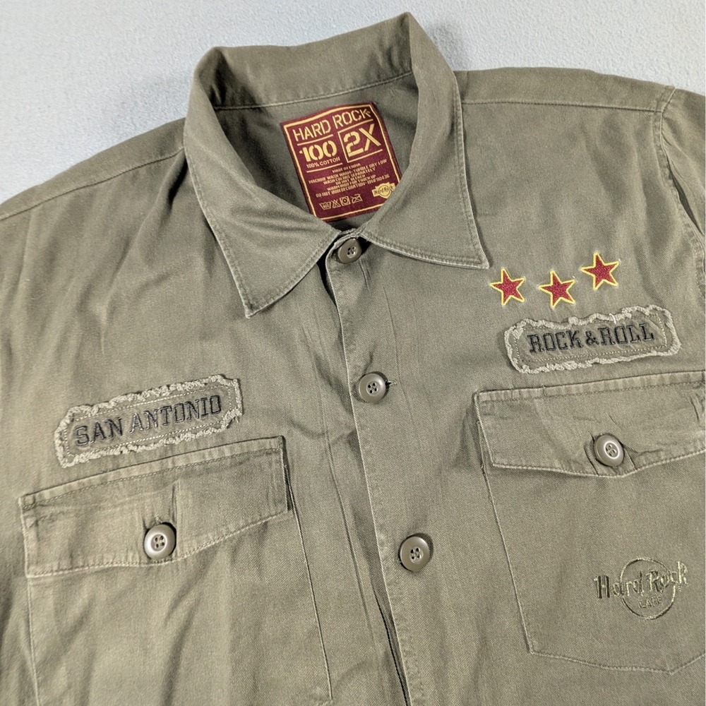 Hard Rock Cafe Military Button Down Shirt Mens XXL San Antonio Rock & Roll Patch